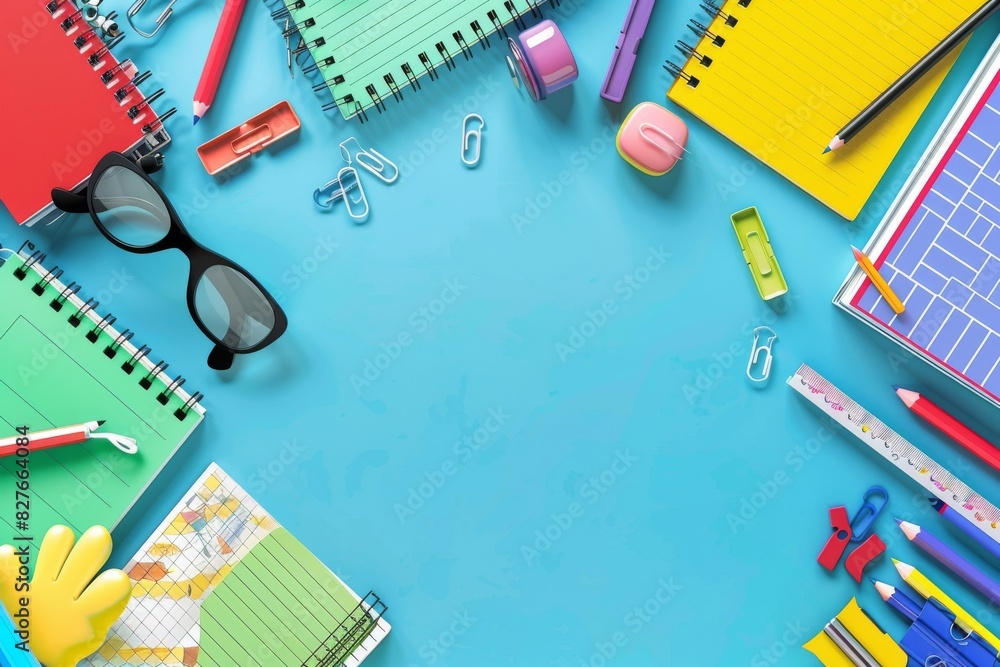 Organized school supplies on a bright blue background, symbolizing back to school preparation with a touch of creativity Organized school supplies on a bright blue background, symbolizing back to school preparation with a touch of creativity