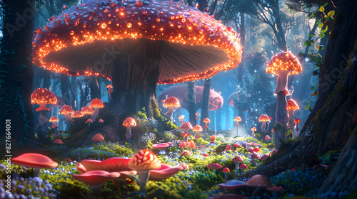 A mystical forest with towering trees and glowing mushrooms