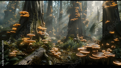 A mystical forest with towering trees and glowing mushrooms photo