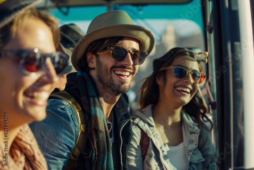 A group of friends laughing and chatting as they board a tour bus for a sightseeing excursion in a new city, ready to explore and make memories together during their travels
