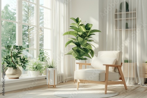 A sunlit Scandinavian-style living space with a sleek wooden armchair, lush houseplants, and a soft, natural palette accentuated by daylight.