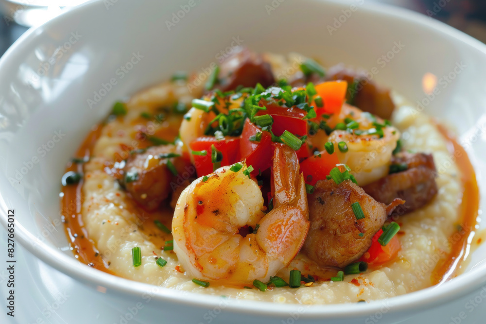 Shrimp and Grits with Sautéed Vegetables in a White Bowl