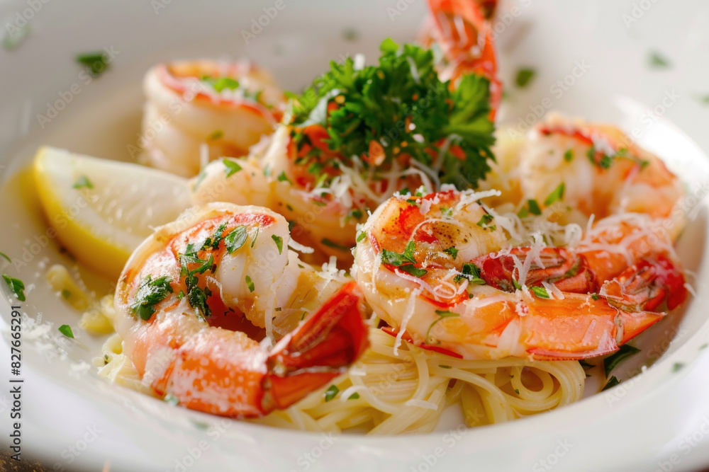 Delicious Shrimp Scampi Pasta with Lemon and Parsley Garnish