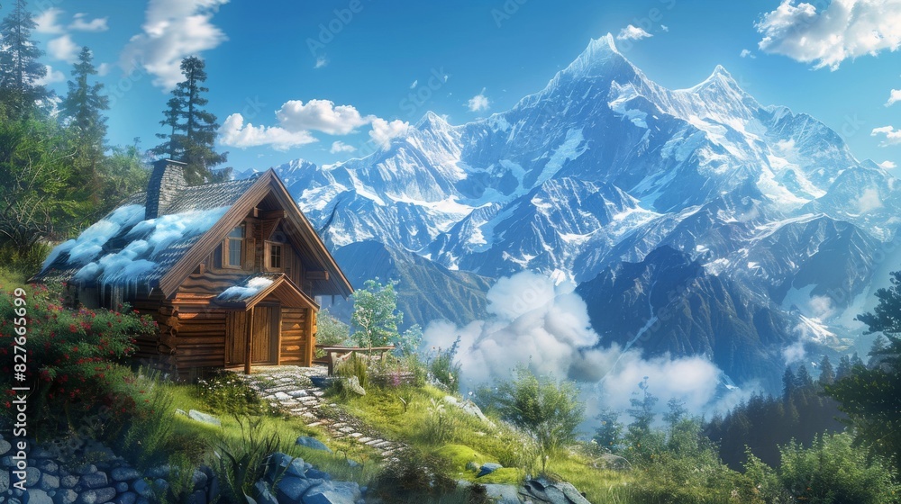 A cozy mountain chalet with snow-capped peaks in the background