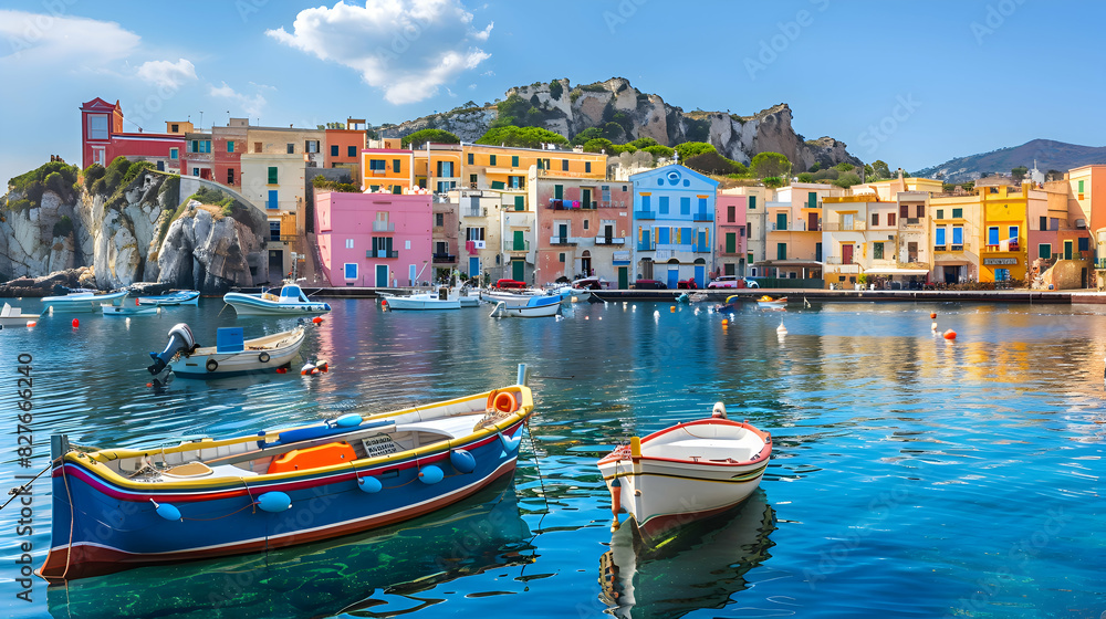A peaceful coastal village with colorful fishing boats in the harbor