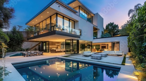 Architecture image of modern design house backyard and pool. © Ammar