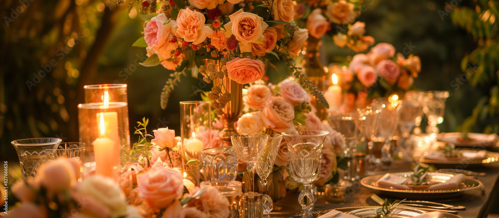 a elegant table reception adorned with a beautiful arrangement of flowers and candles, creating a romantic ambiance.