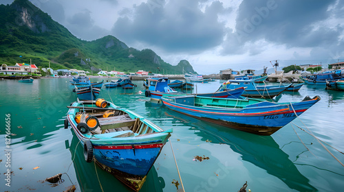 A peaceful coastal village with colorful fishing boats in the harbor