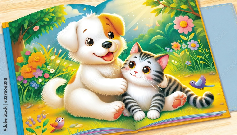 A children's book illustration depicting a friendship between a dog and a cat. A children's book illustration depicting a friendship between a dog and a cat.