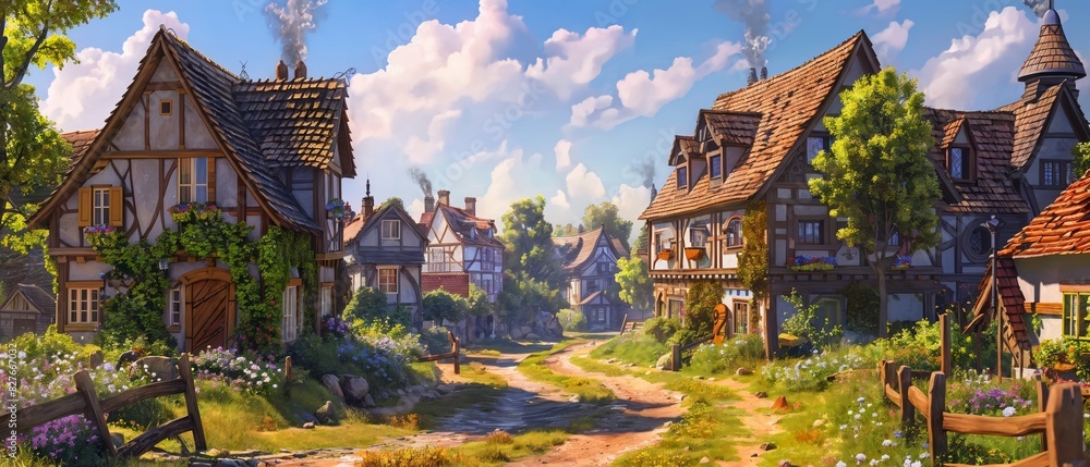 Fototapeta premium Illustrated charming rural hamlet, winding roads and quaint half-timbered houses