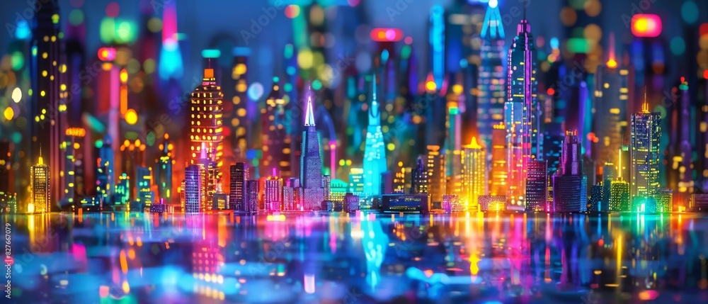 Painted modern city skyline illuminated by colorful neon lights, vibrant energy Painted modern city skyline illuminated by colorful neon lights, vibrant energy