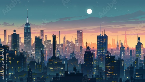 Illustrated panoramic view of a bustling metropolitan skyline at dusk