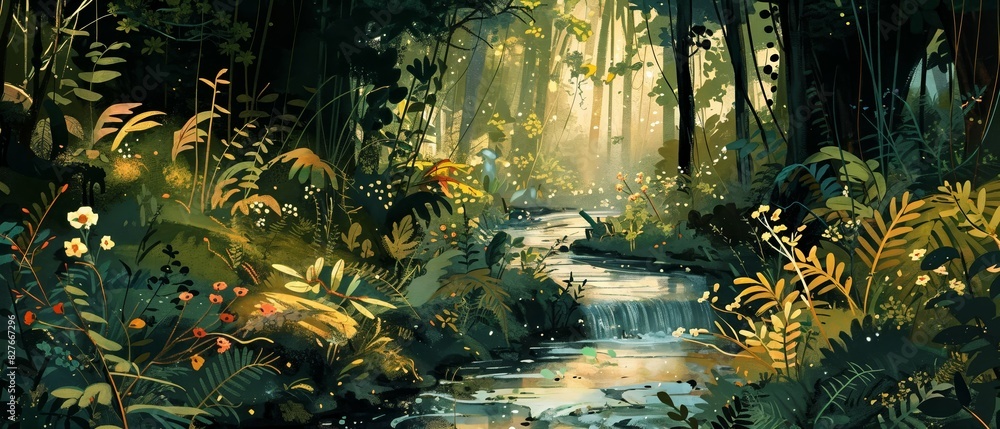 Fototapeta premium Whimsical woodland illustration with a winding creek and lush foliage