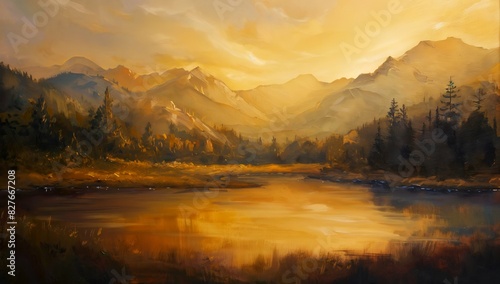 Painting of serene mountains cape at sunset, warm hues and tranquil atmosphere photo