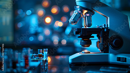 Digital microscope for research in dark medical laboratory, modern equipment and blue lights on lab background. Concept of technology, medicine, science
