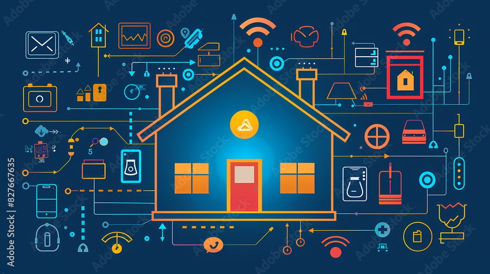 Obraz premium Home automation system concept.Smart home control.Internet of things technology of home automation system.Internet of things (IOT) illustration with icons of house and appliances.