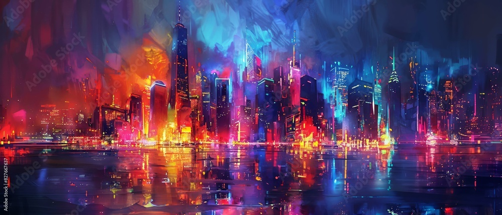 Fototapeta premium Painted modern city skyline illuminated by colorful neon lights, vibrant energy