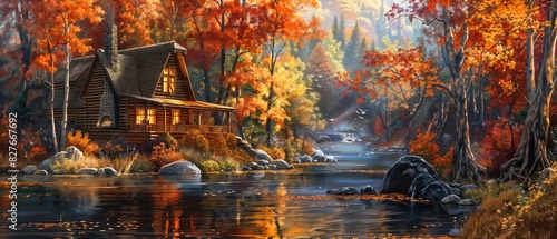 Painting of a cozy riverside cabin surrounded by autumn-hued trees, peaceful vibe photo