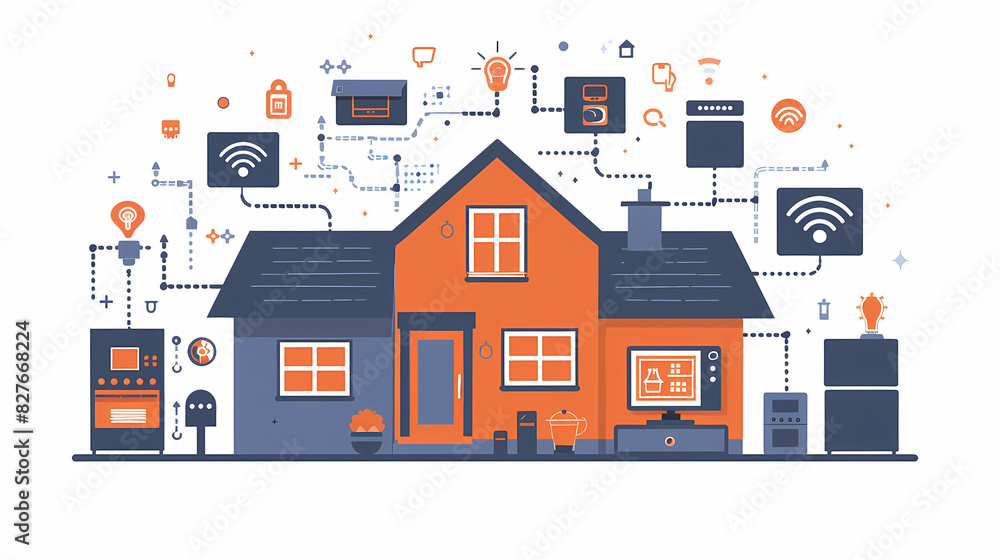 Home automation system concept.Smart home control.Internet of things technology of home automation system.Internet of things (IOT) illustration with icons of house and appliances. Home automation system concept.Smart home control.Internet of things technology of home automation system.Internet of things (IOT) illustration with icons of house and appliances.