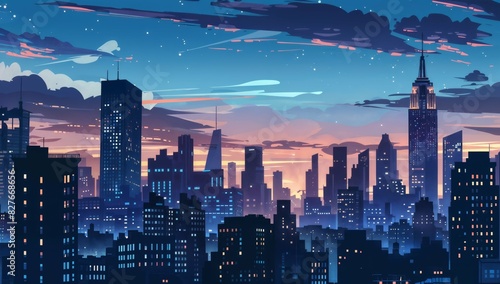 Illustrated panoramic view of a bustling metropolitan skyline at dusk