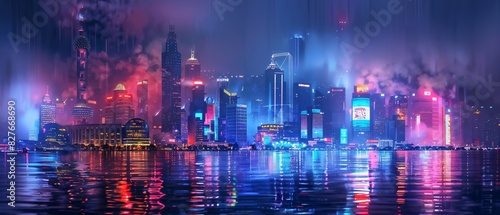 Painted modern city skyline illuminated by colorful neon lights, vibrant energy © fourtakig