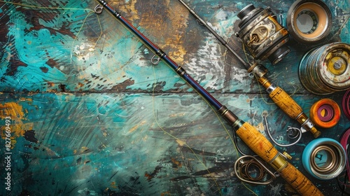 Art sports fishing rod and tackle background photo