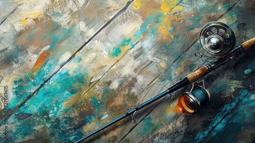 Art sports fishing rod and tackle background photo