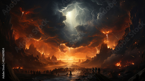 Artistic Fantasy Landscape Of Extremely Cloudy Dark Sky With Fire and Dramatic City Background
