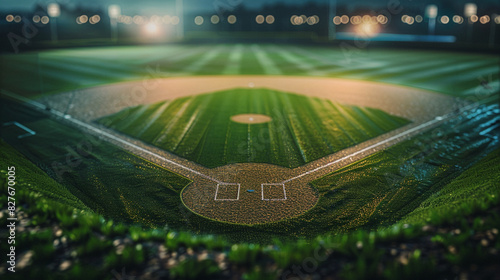 Detailed aerial shot of a baseball field at a lit outdoor stadium, emphasizing the manicured grass and dirt,  photo
