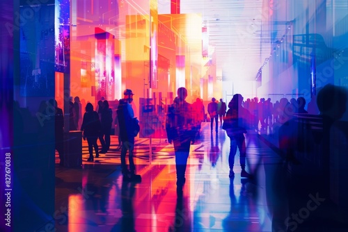 Abstract urban scene with silhouettes of people in vibrant city lights, creating a colorful futuristic atmosphere.