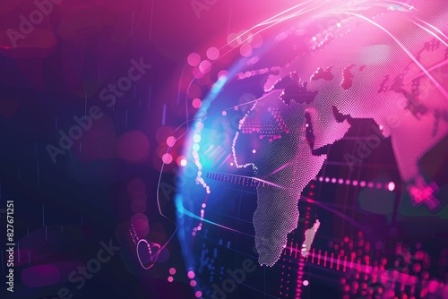 Digital representation of a glowing, futuristic globe with data points and connections in neon colors symbolizing global technology and communication. photo