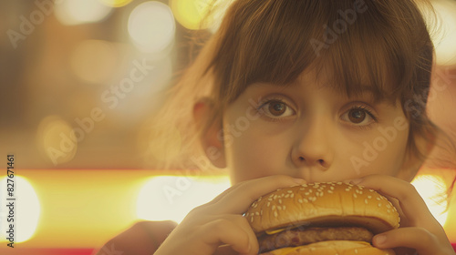 A child with a slightly sad expression eating a hamburger in a fast-food restaurant