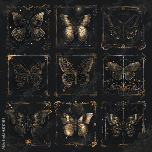 9 Gothic-style butterfly icons with intricate details and dark tones, arranged in a grid photo