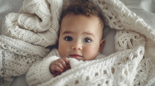 Cute baby is lying on the bed wrapped in blanket.
