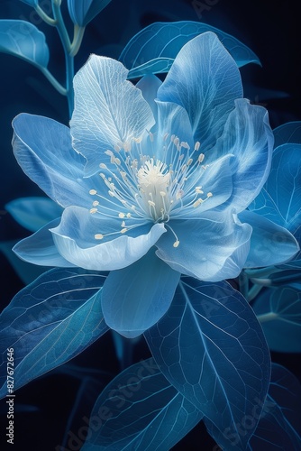 Blue Flower With Green Leaves on Black Background photo