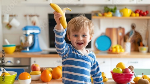 Cute little boy is holding up banana and fruits on table in the kitchen.