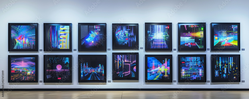 An art museum gallery features a series of black-framed paintings depicting various abstract interpretations of digital landscapes and cyber environments, displayed against a white wall. An art museum gallery features a series of black-framed paintings depicting various abstract interpretations of digital landscapes and cyber environments, displayed against a white wall.