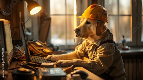 Labrador Retriever donning Electrician Outfit conducts Electrical Job in Illustrated Studio Setting photo