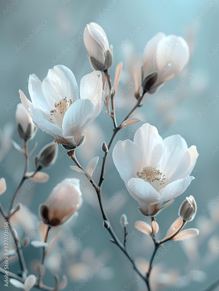 A serene and delicate scene of pale flowers, likely magnolias, blooming against a soft-focus background that suggests a calm, dream-like setting. A serene and delicate scene of pale flowers, likely magnolias, blooming against a soft-focus background that suggests a calm, dream-like setting.