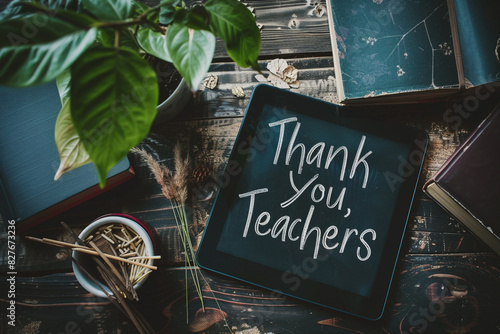 Thank You, Teachers message on a tablet with books and plant