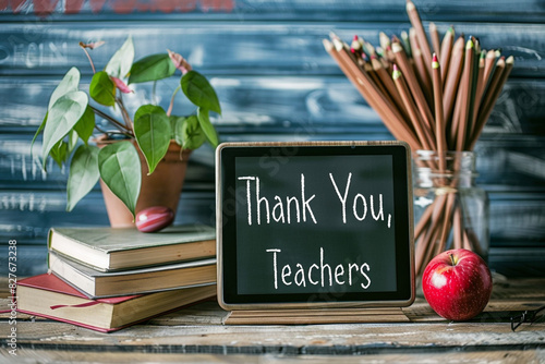 Thank You, Teachers message on a tablet with books and plant