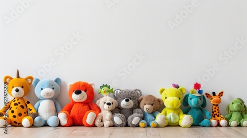 Colorful plush toys of various shapes and sizes arranged on the wooden floor in playroom for children.