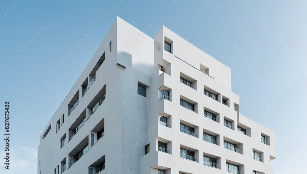 Large white multi-story building with wide angle lens distortion Large white multi-story building with wide angle lens distortion