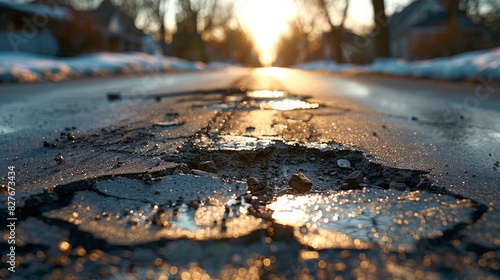 A wide-view image of a city street in very poor condition, riddled with potholes and damaged asphalt.  photo