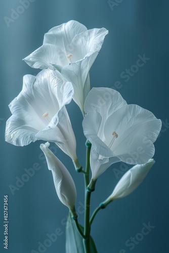 Two White Flowers in a Vase on Blue Background