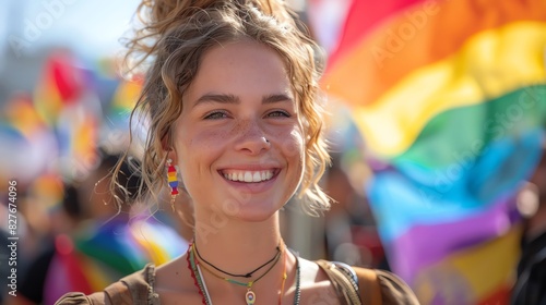 Closeup photo of a person holding a rainbow flag pin, smiling widely The background is a Pride event with a large flag waving behind Bright, natural light