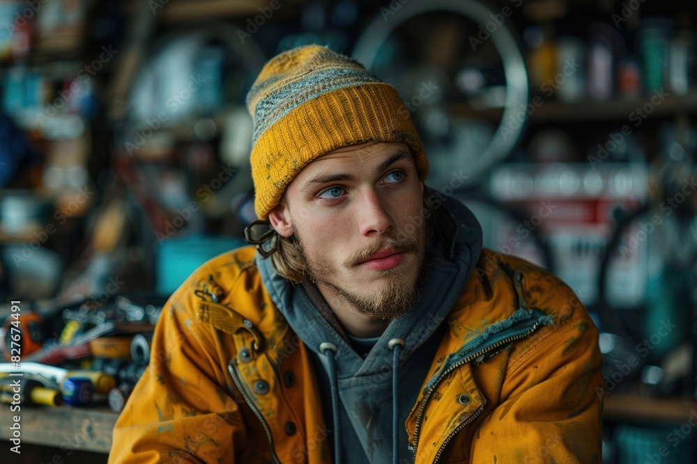 Bearded mechanic wearing a yellow beanie repairs a bicycle in a cluttered workshop Bearded mechanic wearing a yellow beanie repairs a bicycle in a cluttered workshop