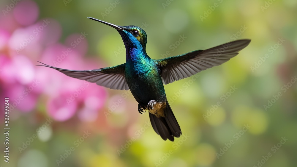 Obraz premium Hummingbird close-up in flight against a background of greenery and flowers in bokeh