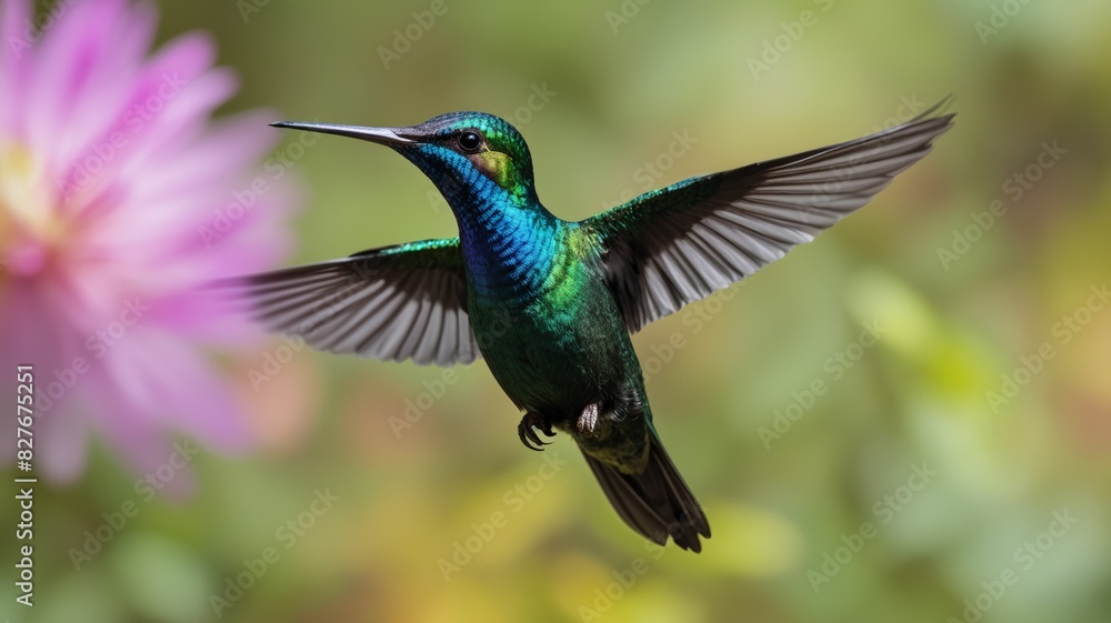 Fototapeta premium Hummingbird close-up in flight against a background of greenery and flowers in bokeh