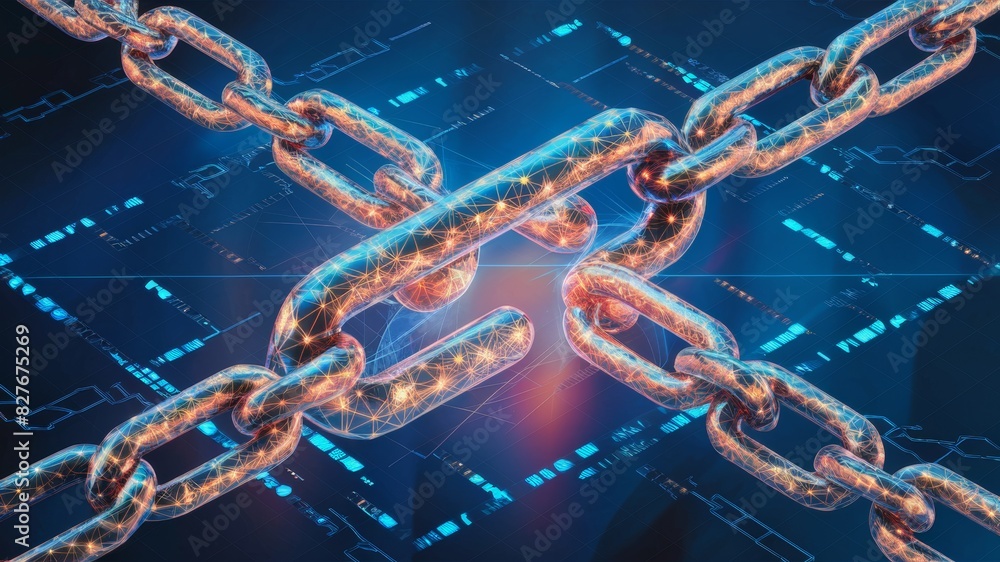 Digital Chains Linking in a Network on a Blue Background Digital Chains Linking in a Network on a Blue Background